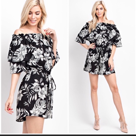CLEARANCE Black Floral Off Shoulder Tropical Romper - Picture 2 of 2